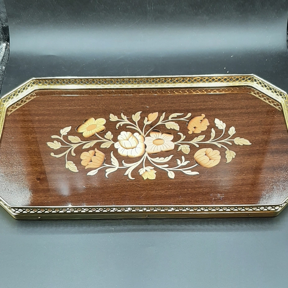 Vintage Italian Brown Vanity Tray With Interlaced Metal & Handpainted Wood